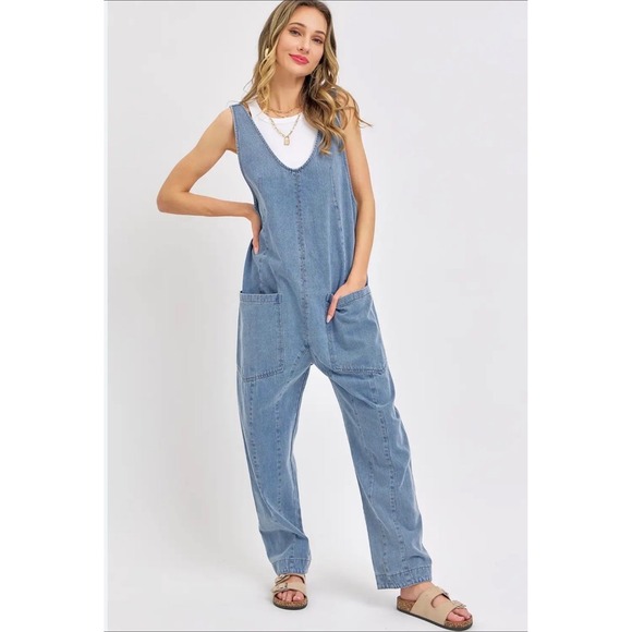 We The Free Pants - Free People High Roller Denim Overalls Medium Blue Boho Slouchy Harem Jumpsuit